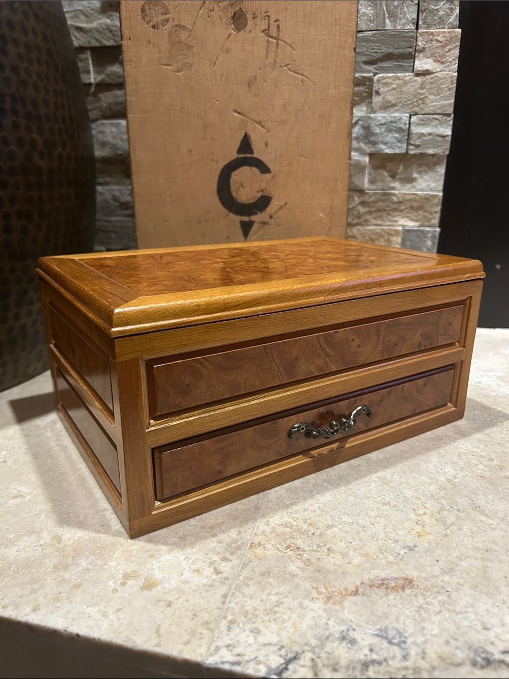 Vintage MELE Burl Wood Jewelry Box W/ Mirror, Drawer and Removable Tray
